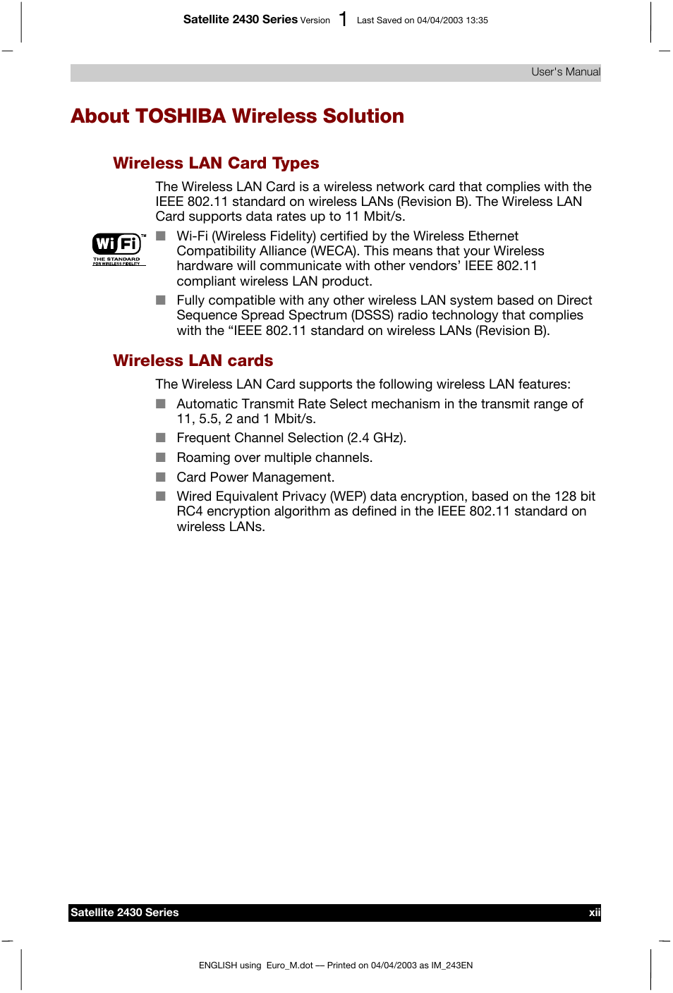 About toshiba wireless solution, Wireless lan card types, Wireless lan cards | Toshiba Satellite 2430-301 User Manual | Page 12 / 222