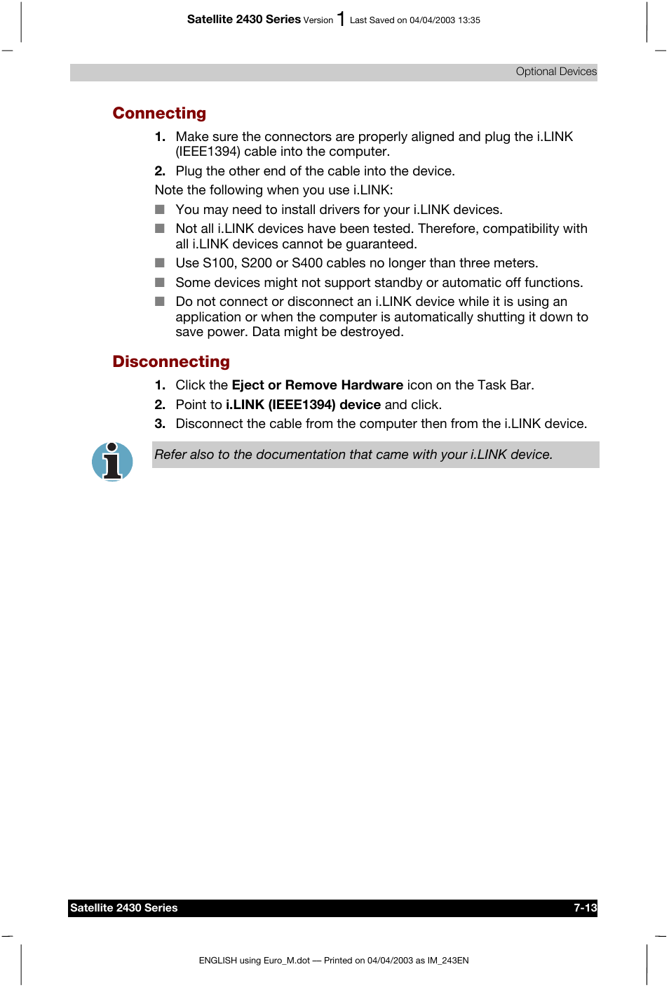 Connecting, Disconnecting | Toshiba Satellite 2430-301 User Manual | Page 123 / 222