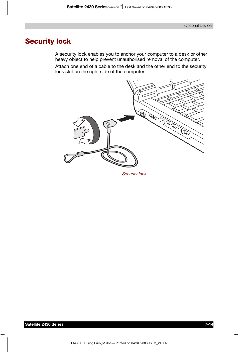 Security lock | Toshiba Satellite 2430-301 User Manual | Page 124 / 222