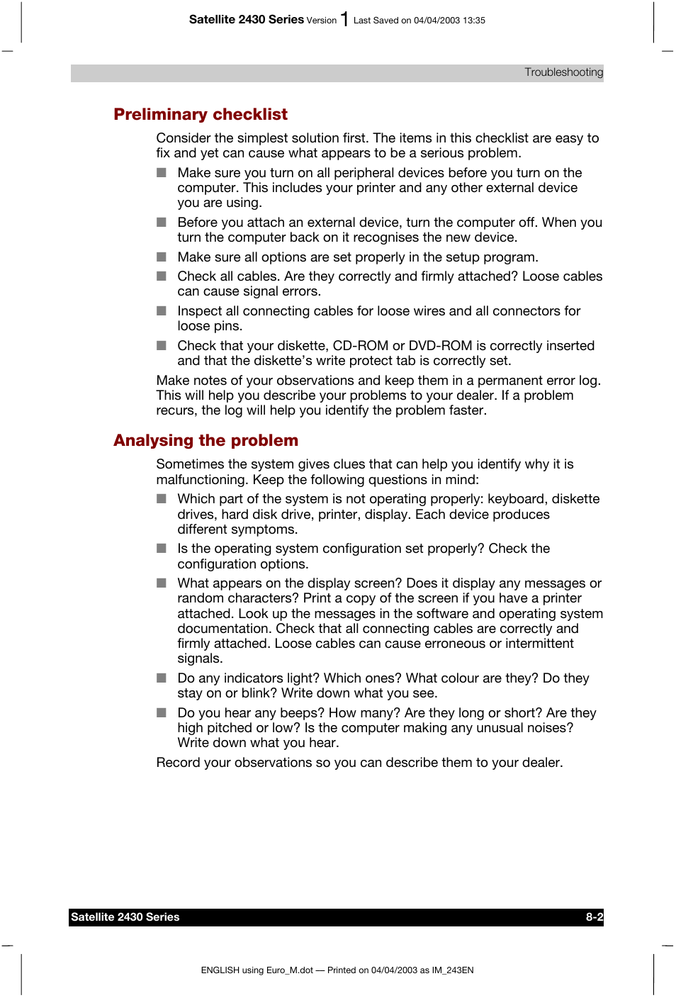 Preliminary checklist, Analysing the problem | Toshiba Satellite 2430-301 User Manual | Page 126 / 222