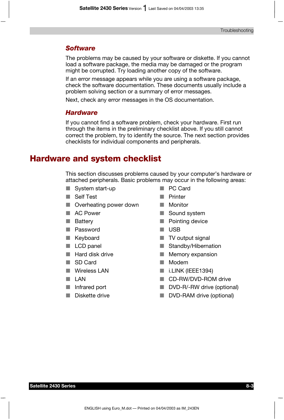 Hardware and system checklist | Toshiba Satellite 2430-301 User Manual | Page 127 / 222