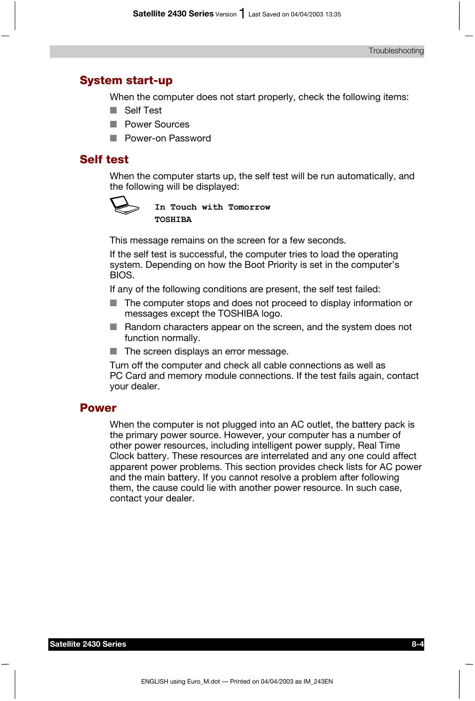 System start-up, Self test, Power | Toshiba Satellite 2430-301 User Manual | Page 128 / 222