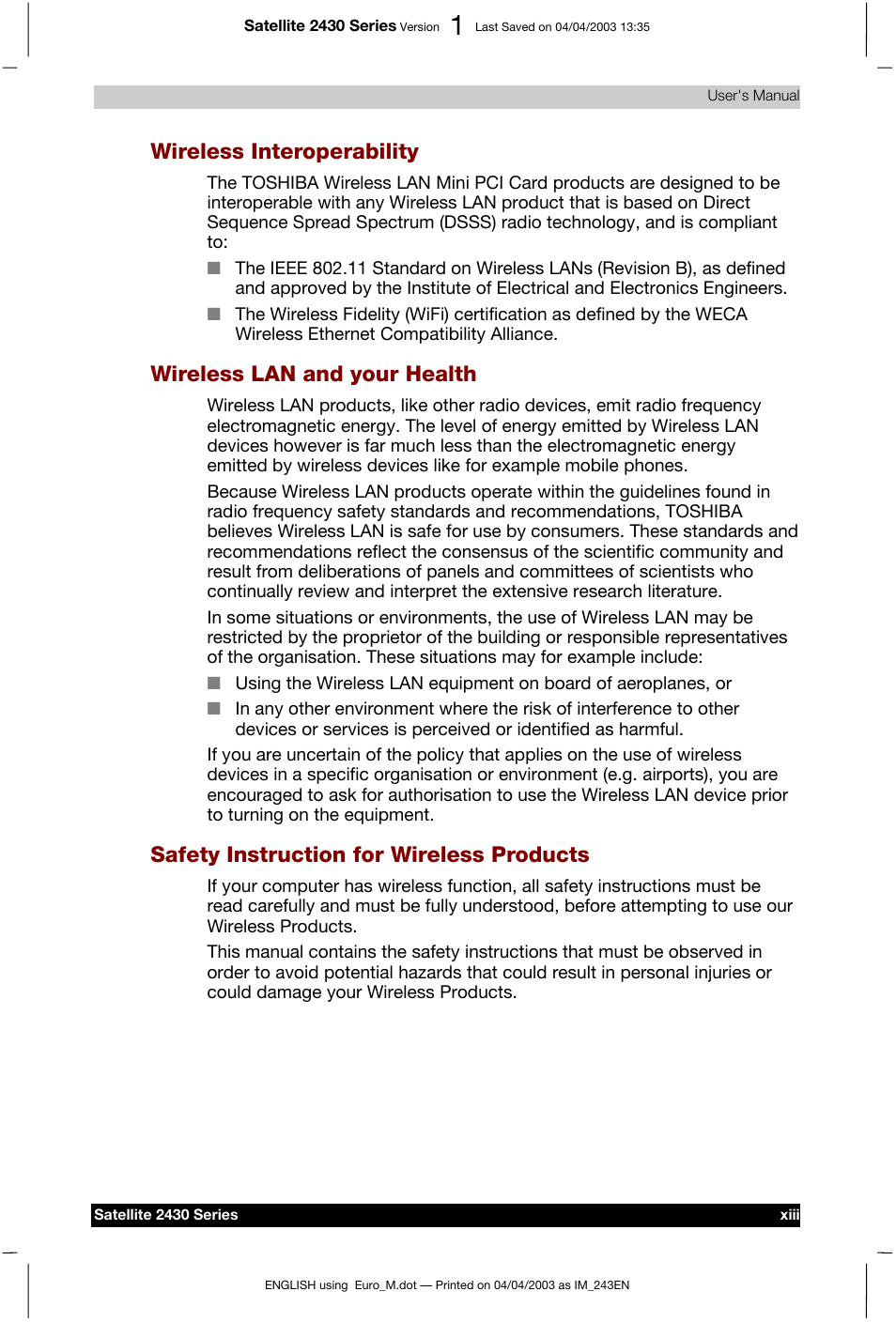 Wireless interoperability, Wireless lan and your health, Safety instruction for wireless products | Toshiba Satellite 2430-301 User Manual | Page 13 / 222