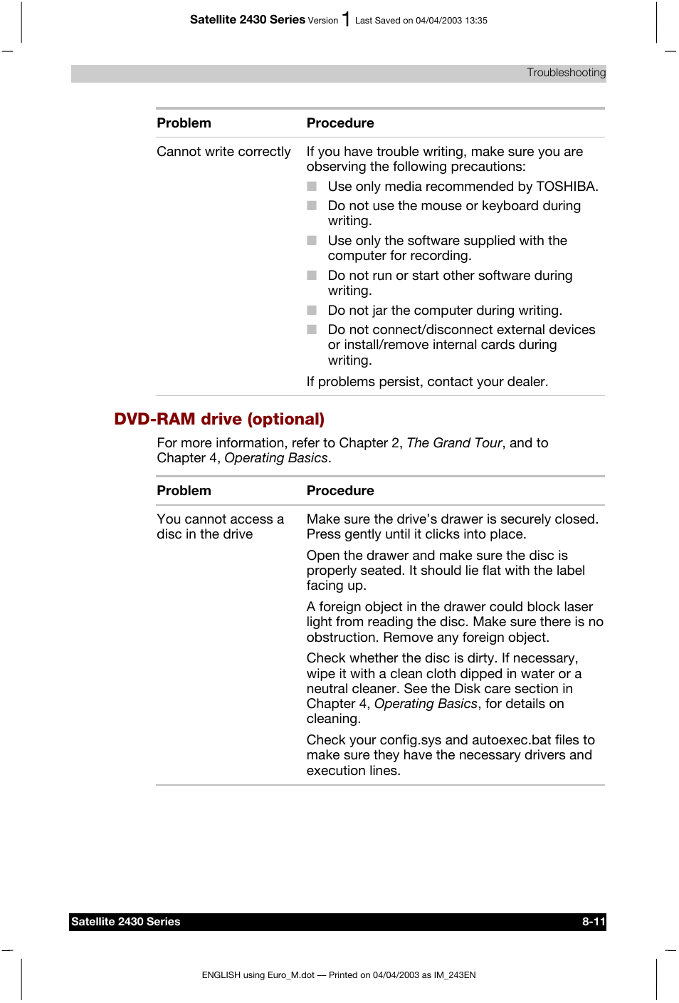 Dvd-ram drive (optional) | Toshiba Satellite 2430-301 User Manual | Page 135 / 222