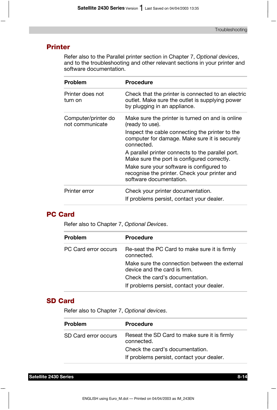 Printer, Pc card, Sd card | Toshiba Satellite 2430-301 User Manual | Page 138 / 222