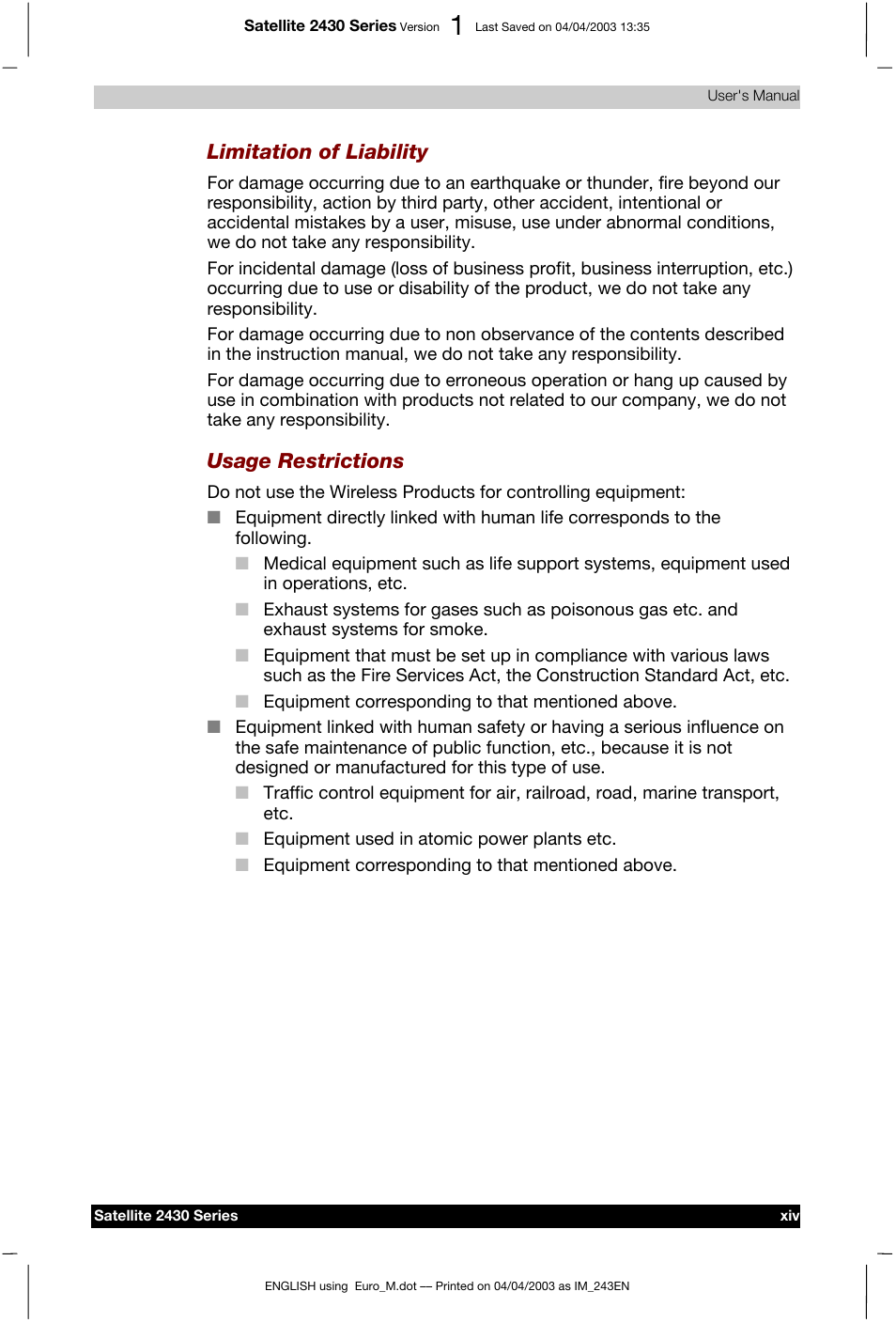 Limitation of liability, Usage restrictions | Toshiba Satellite 2430-301 User Manual | Page 14 / 222