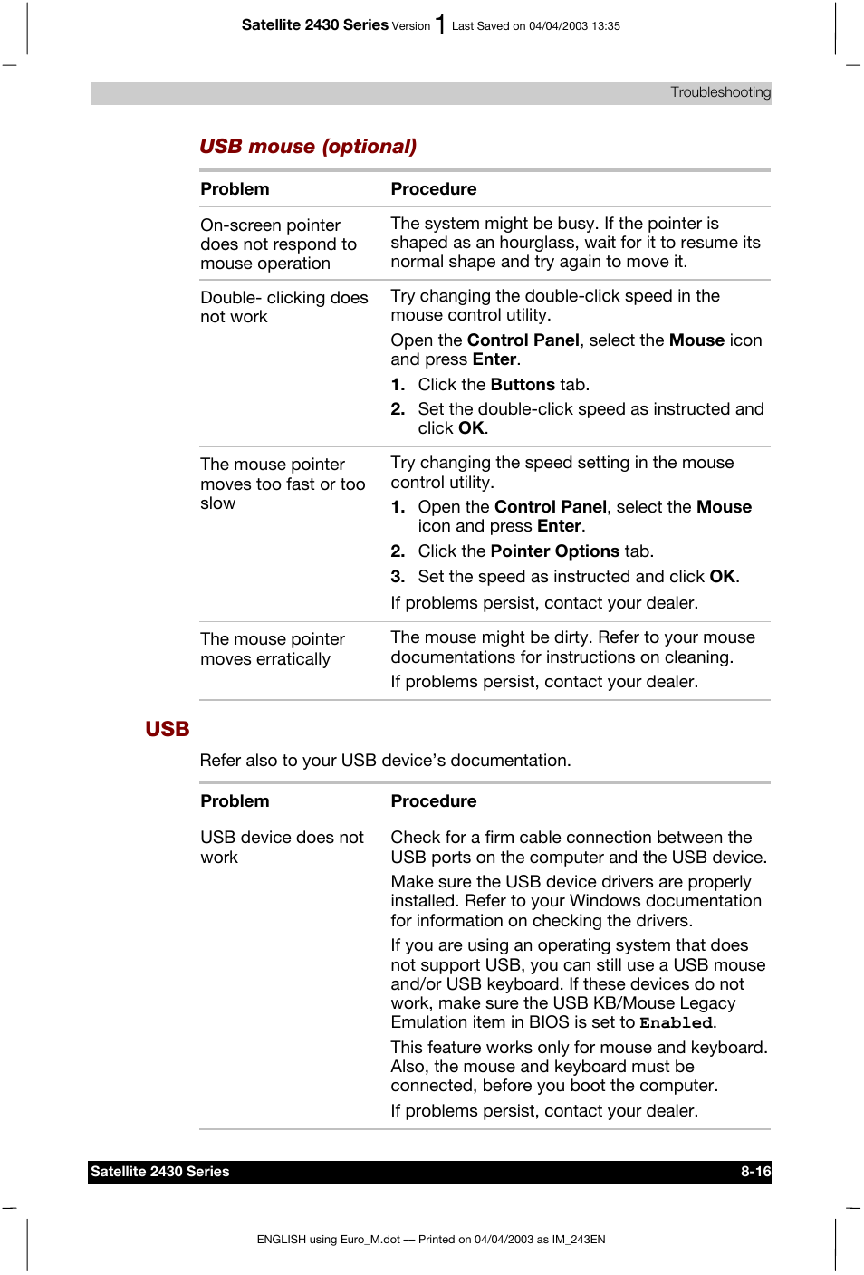 Usb mouse (optional) | Toshiba Satellite 2430-301 User Manual | Page 140 / 222