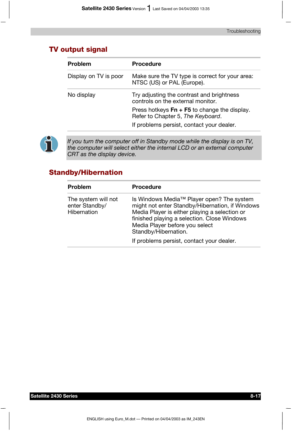 Tv output signal, Standby/hibernation | Toshiba Satellite 2430-301 User Manual | Page 141 / 222