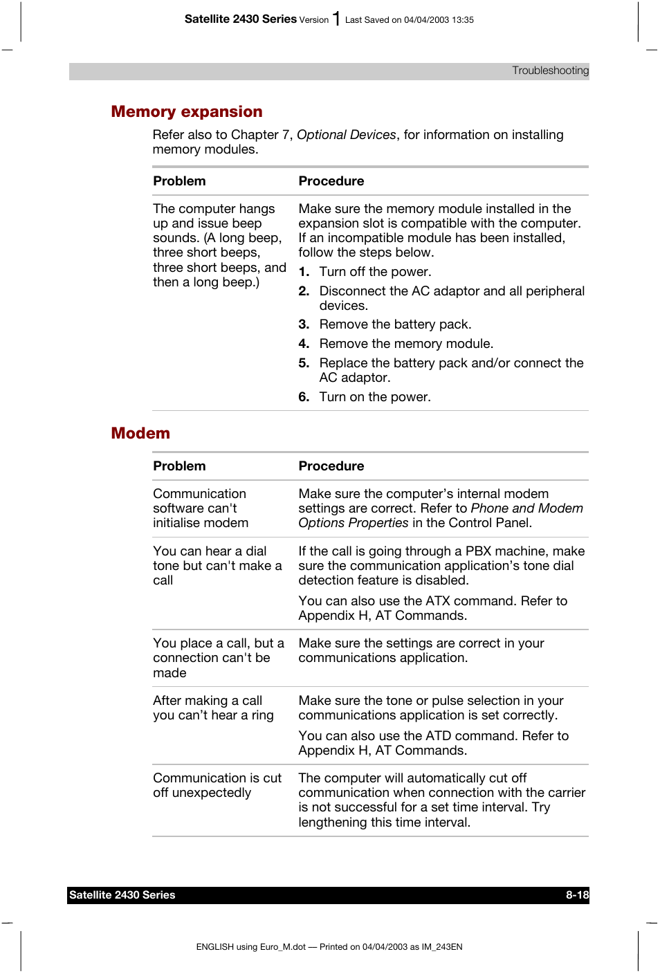 Modem | Toshiba Satellite 2430-301 User Manual | Page 142 / 222