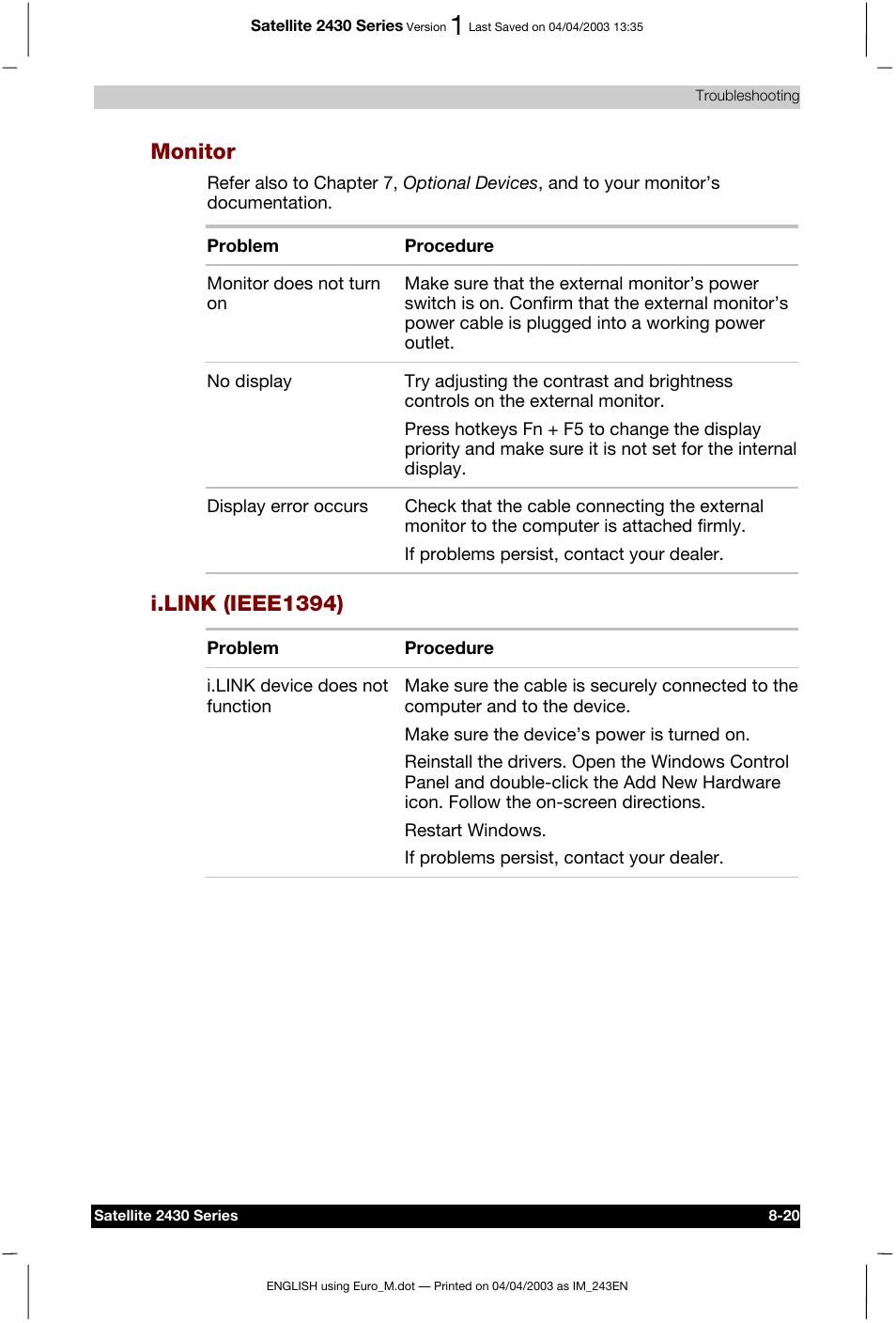 Monitor, I.link (ieee1394) | Toshiba Satellite 2430-301 User Manual | Page 144 / 222