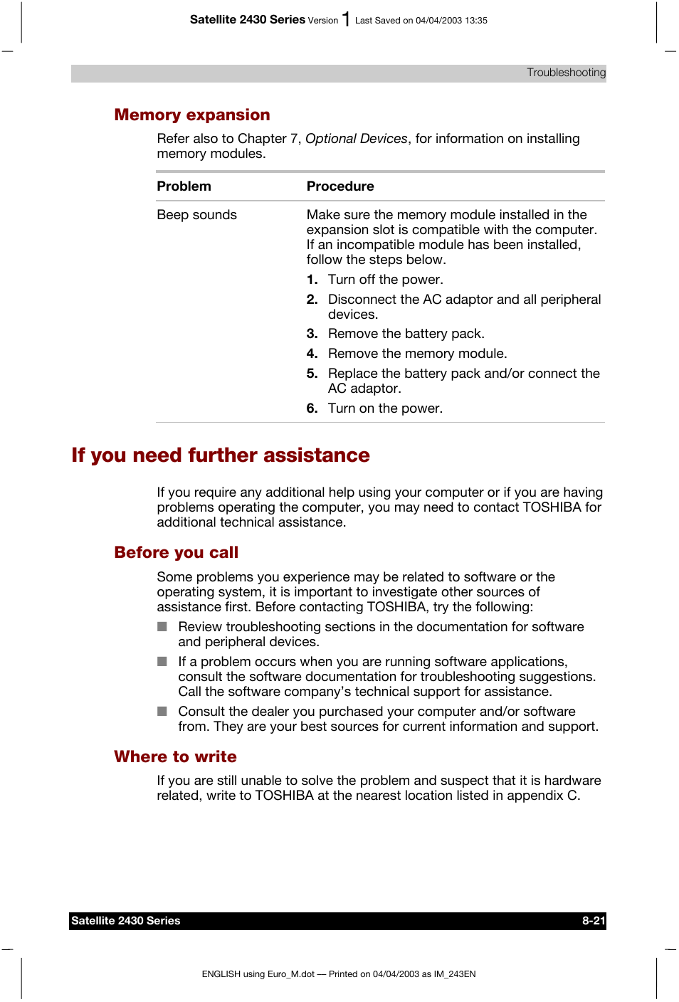 If you need further assistance, Before you call, Where to write | Toshiba Satellite 2430-301 User Manual | Page 145 / 222