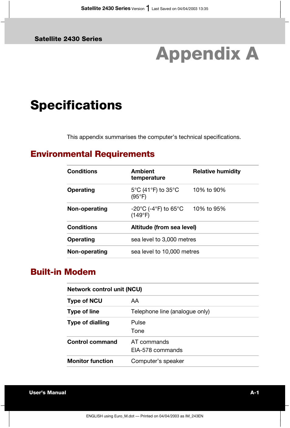 Appendix a specifications, Appendix a, Specifications | Environmental requirements, Built-in modem | Toshiba Satellite 2430-301 User Manual | Page 146 / 222