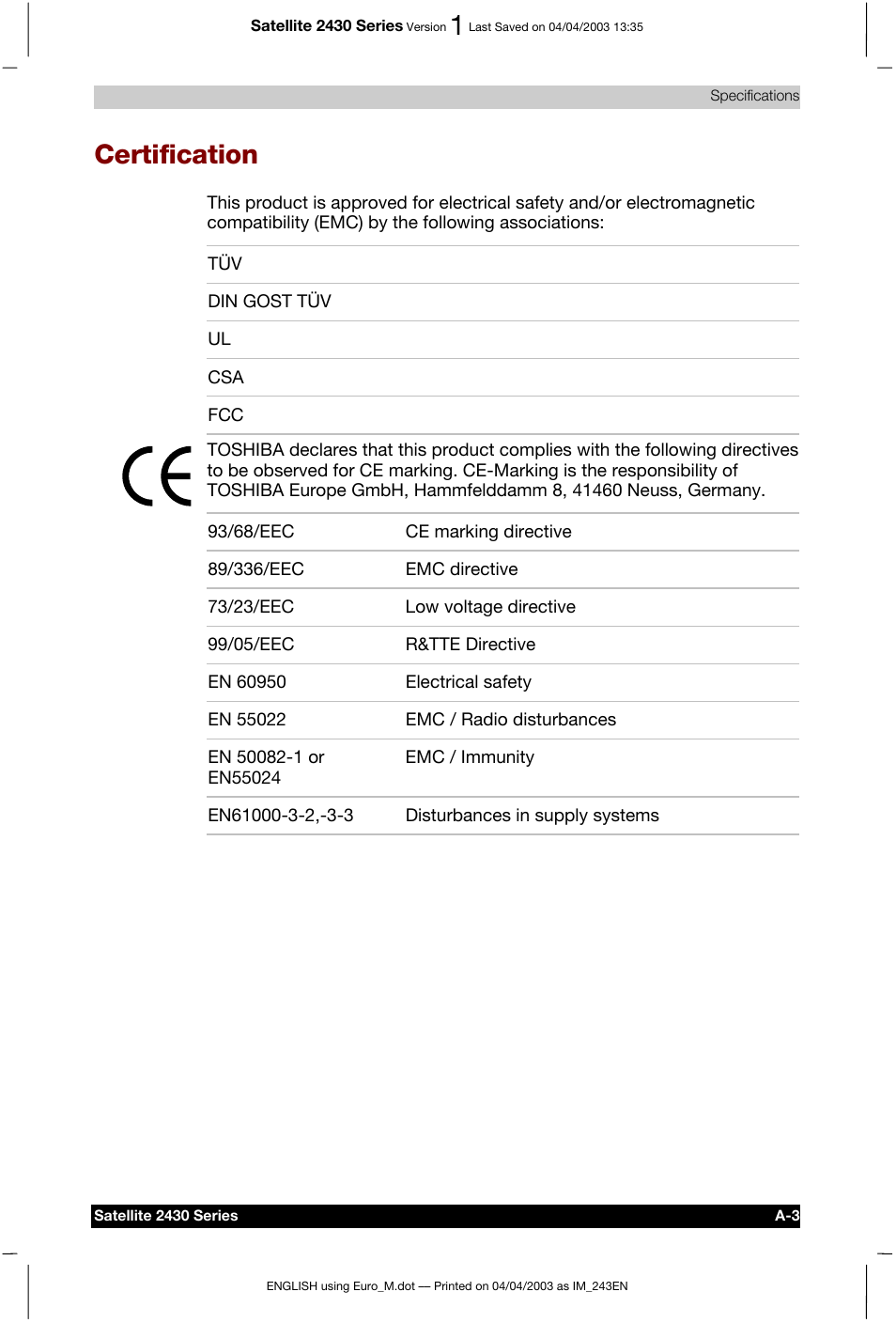Certification | Toshiba Satellite 2430-301 User Manual | Page 148 / 222