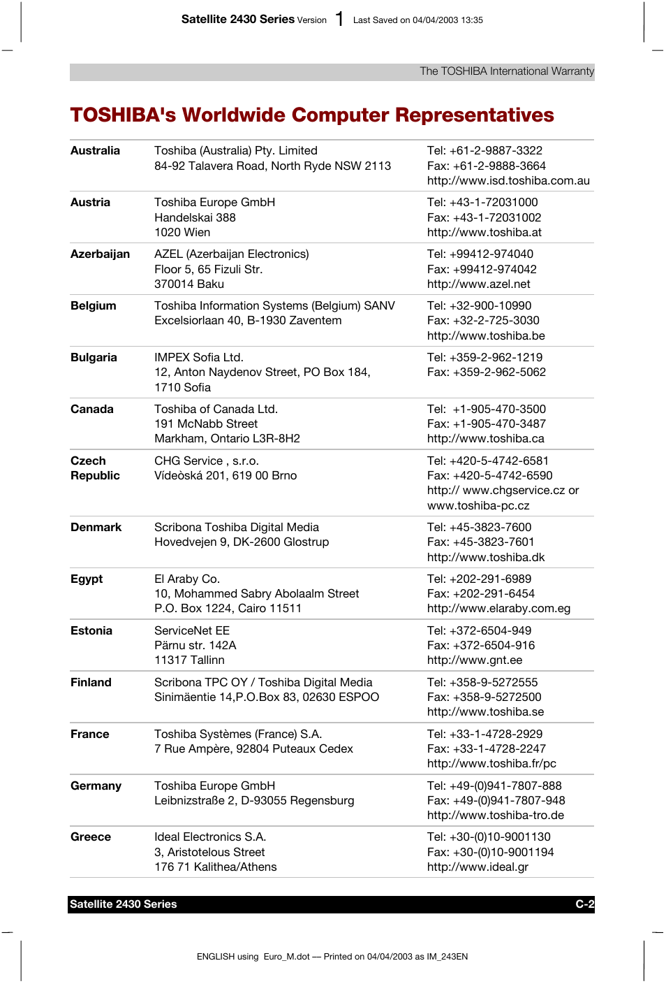 Toshiba's worldwide computer representatives | Toshiba Satellite 2430-301 User Manual | Page 152 / 222