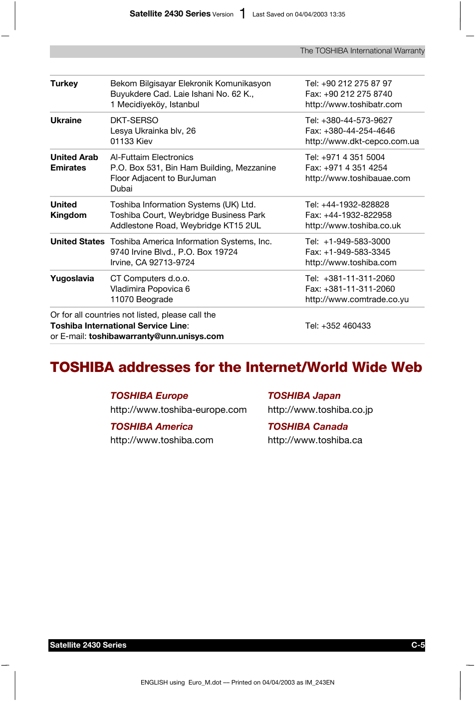 Toshiba addresses for the internet/world wide web | Toshiba Satellite 2430-301 User Manual | Page 155 / 222