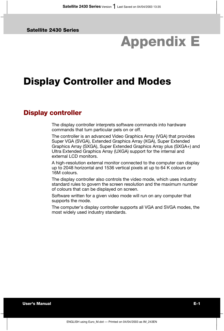 Appendix e display controller and modes, Appendix e, Display controller and modes | Display controller | Toshiba Satellite 2430-301 User Manual | Page 163 / 222