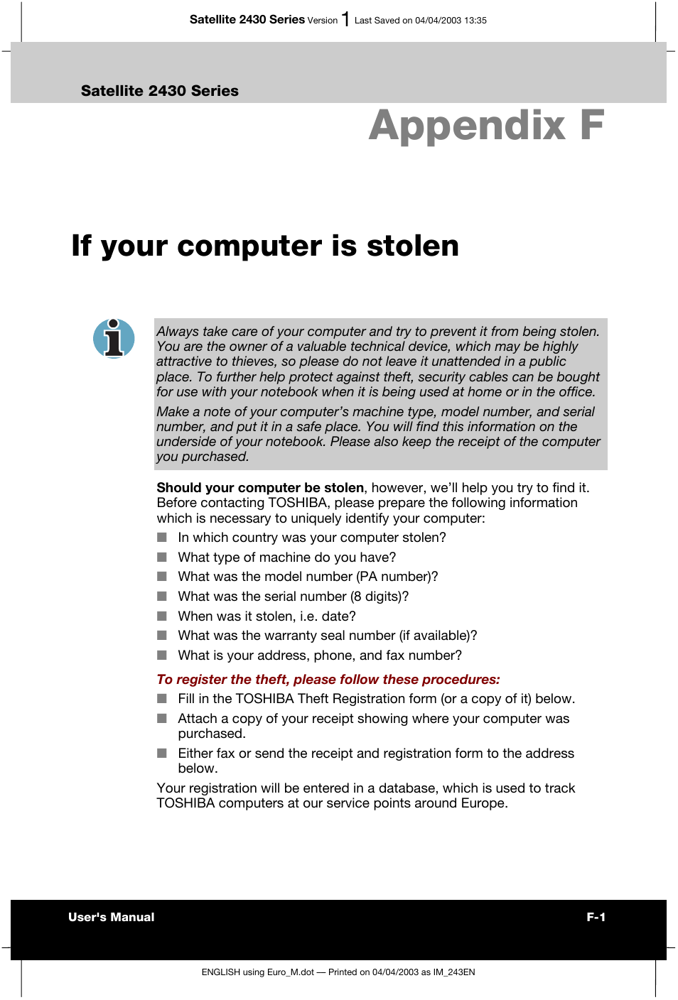 Appendix f if your computer is stolen, Appendix f, If your computer is stolen | Toshiba Satellite 2430-301 User Manual | Page 165 / 222