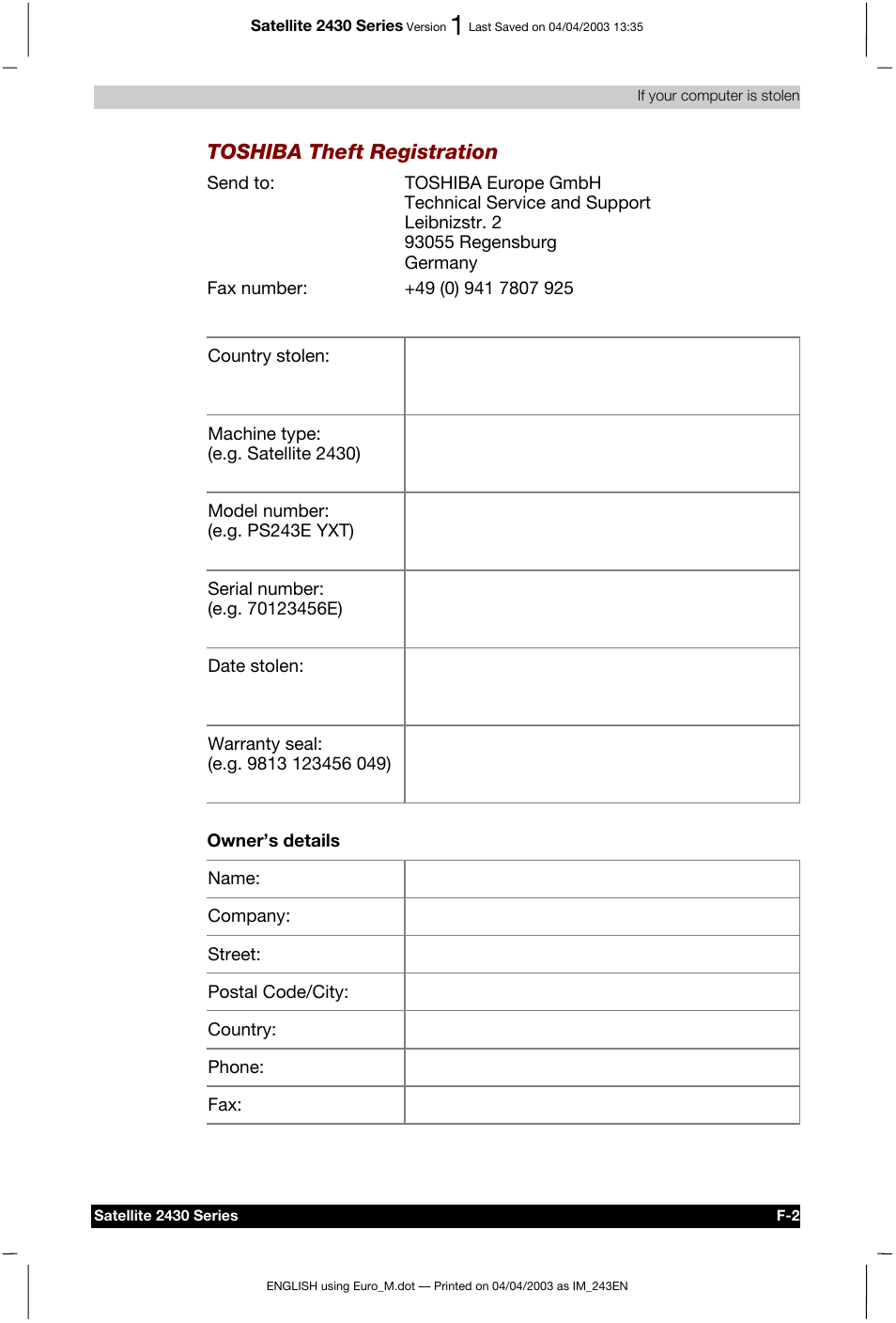 Toshiba theft registration | Toshiba Satellite 2430-301 User Manual | Page 166 / 222