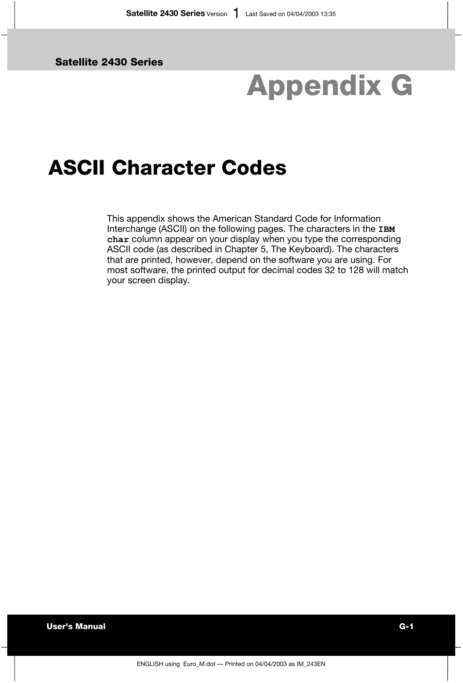 Appendix g ascii character codes, Appendix g, Ascii character codes | Toshiba Satellite 2430-301 User Manual | Page 167 / 222