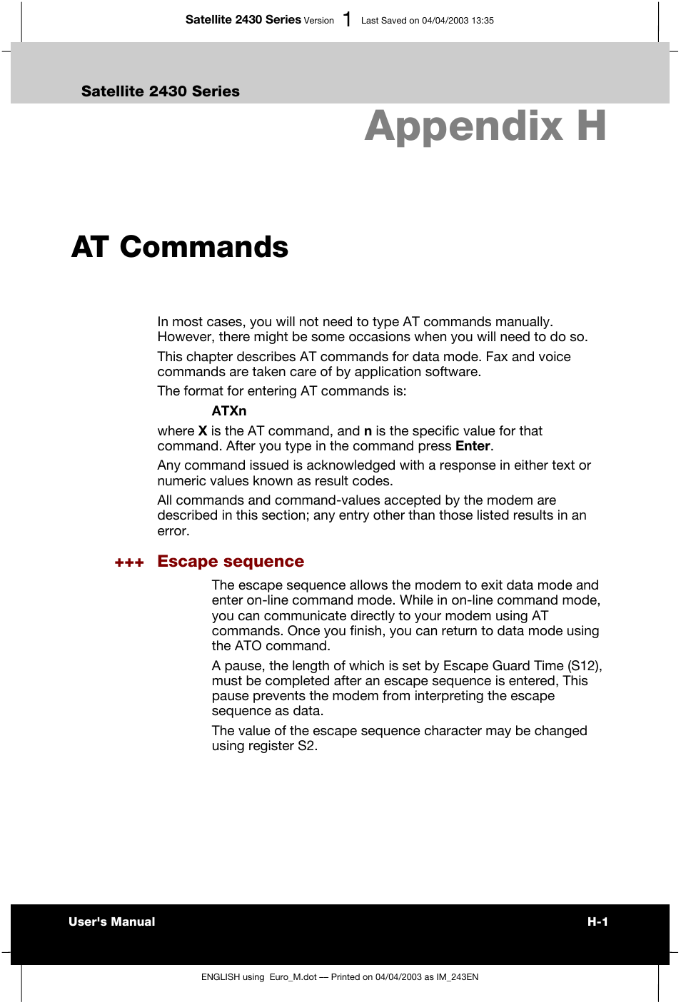 Appendix h at commands, Appendix h, At commands | Toshiba Satellite 2430-301 User Manual | Page 173 / 222