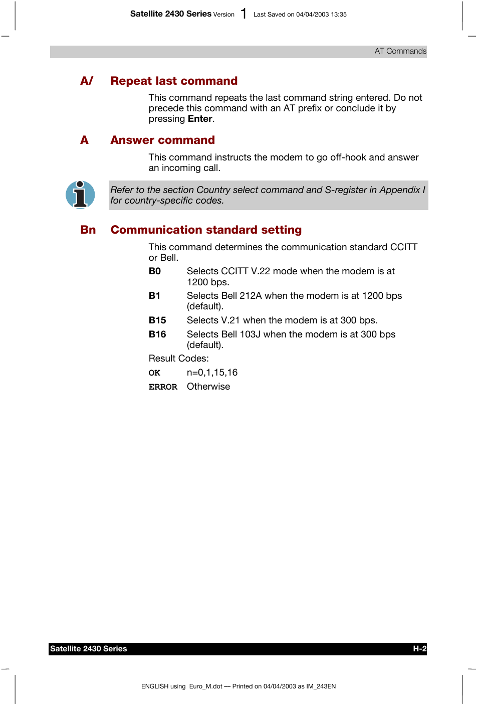 A/ repeat last command, A answer command, Bn communication standard setting | Toshiba Satellite 2430-301 User Manual | Page 174 / 222