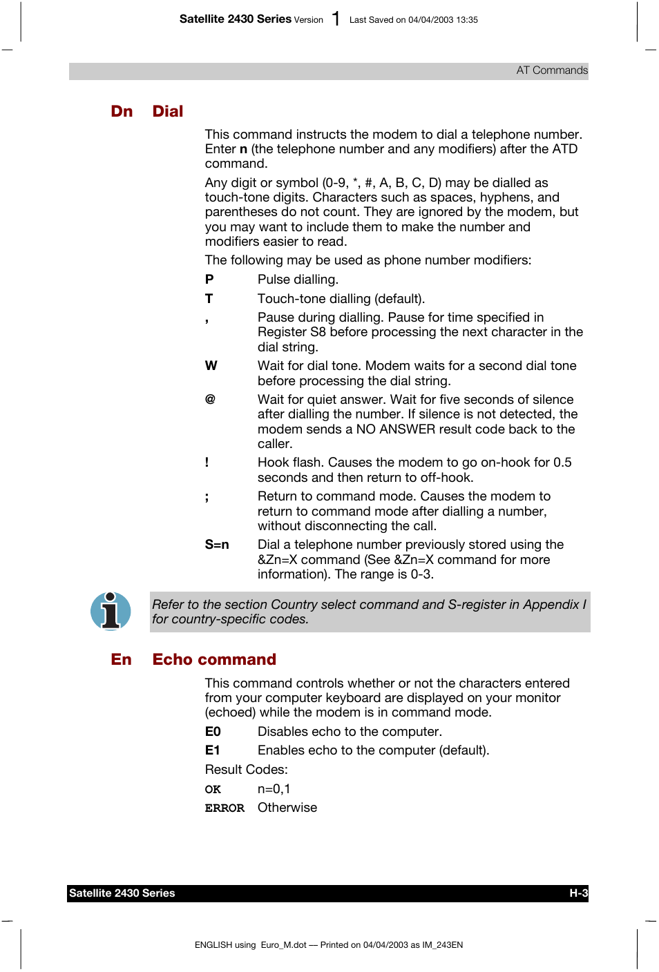 Dn dial, En echo command | Toshiba Satellite 2430-301 User Manual | Page 175 / 222