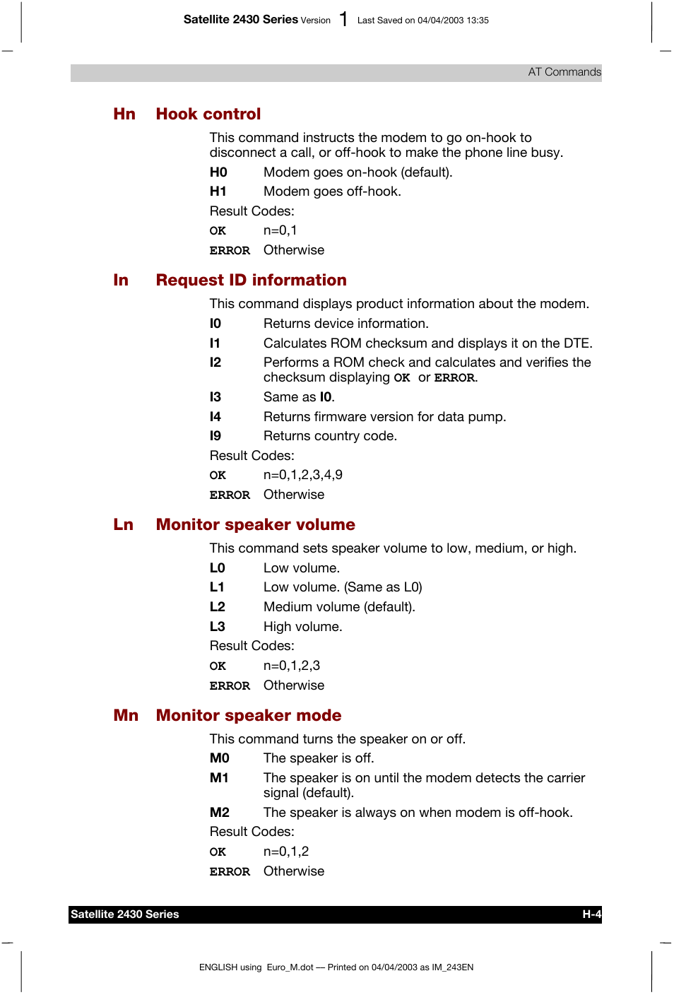 Hn hook control, Ln monitor speaker volume, Mn monitor speaker mode | Toshiba Satellite 2430-301 User Manual | Page 176 / 222