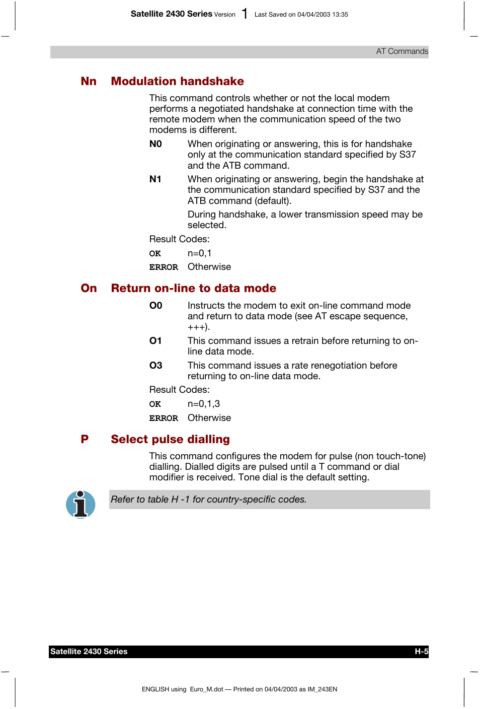 Nn modulation handshake, On return on-line to data mode, Pselect pulse dialling | Toshiba Satellite 2430-301 User Manual | Page 177 / 222