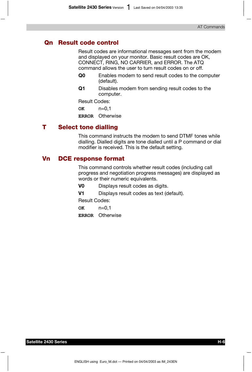 Qn result code control, Tselect tone dialling, Vn dce response format | Toshiba Satellite 2430-301 User Manual | Page 178 / 222