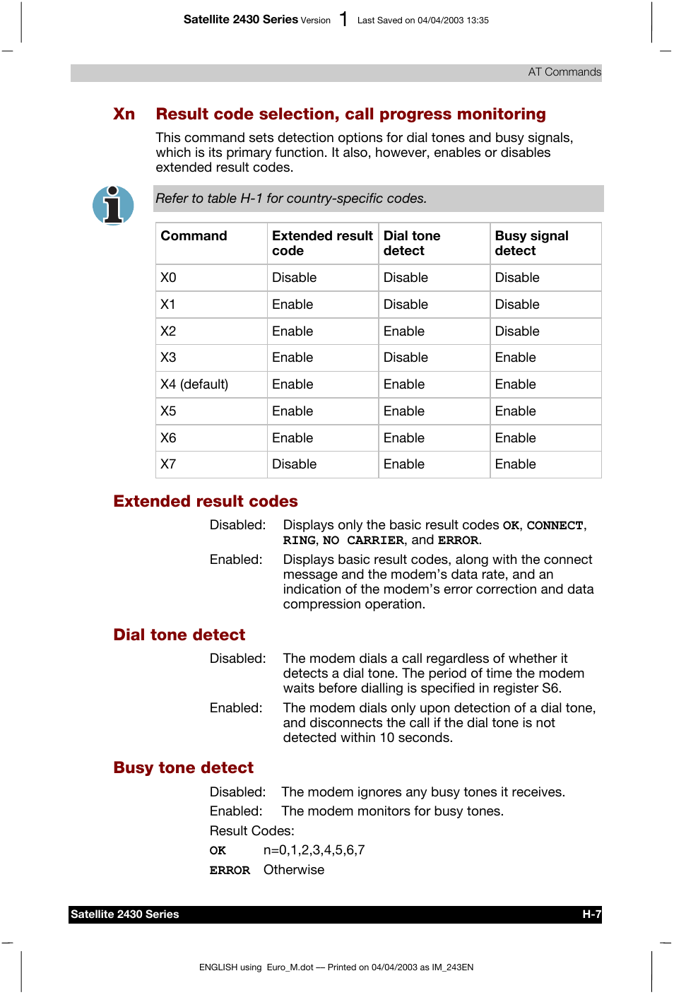 Xn result code selection, call progress monitoring, Extended result codes, Dial tone detect | Busy tone detect | Toshiba Satellite 2430-301 User Manual | Page 179 / 222