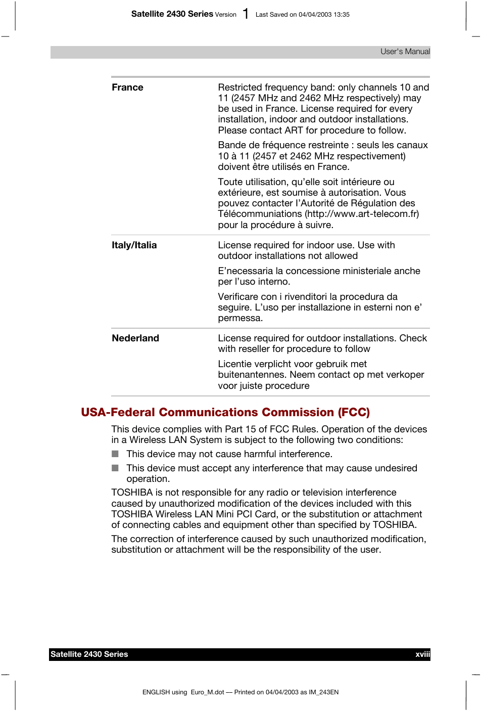 Usa-federal communications commission (fcc) | Toshiba Satellite 2430-301 User Manual | Page 18 / 222