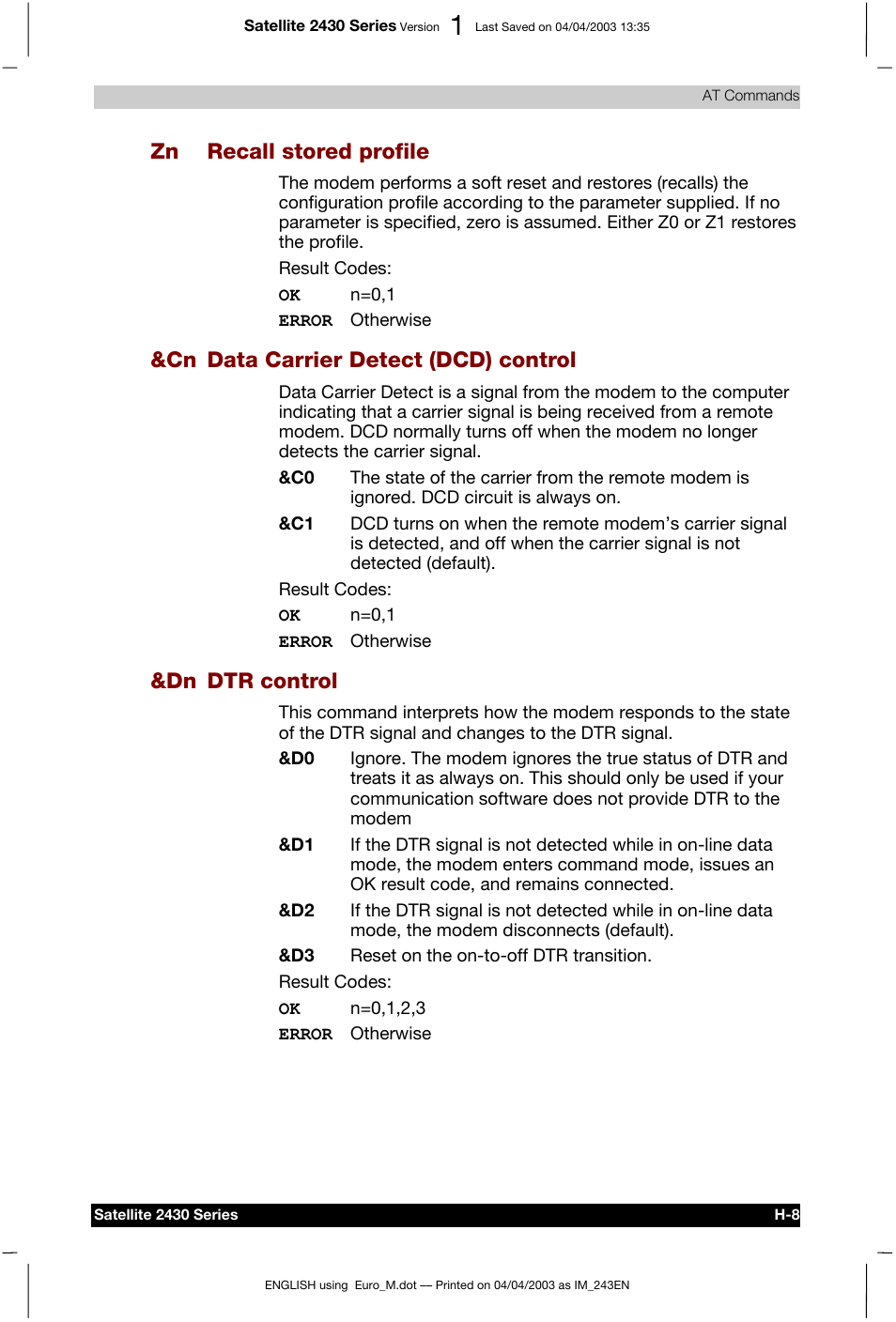 Zn recall stored profile, Cn data carrier detect (dcd) control, Dn dtr control | Toshiba Satellite 2430-301 User Manual | Page 180 / 222