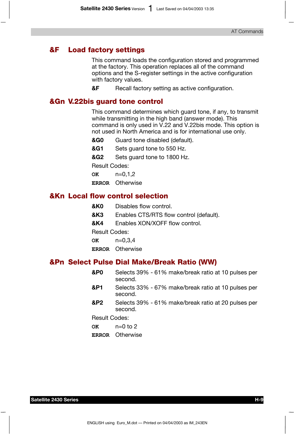 F load factory settings, Gn v.22bis guard tone control, Kn local flow control selection | Pn select pulse dial make/break ratio (ww) | Toshiba Satellite 2430-301 User Manual | Page 181 / 222