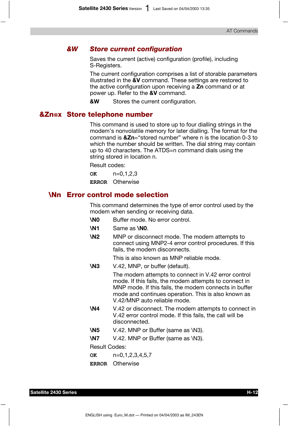 Zn=x store telephone number, Nn error control mode selection | Toshiba Satellite 2430-301 User Manual | Page 184 / 222