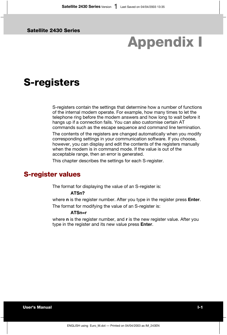 Appendix i s-registers, Appendix i, S-registers | S-register values | Toshiba Satellite 2430-301 User Manual | Page 188 / 222