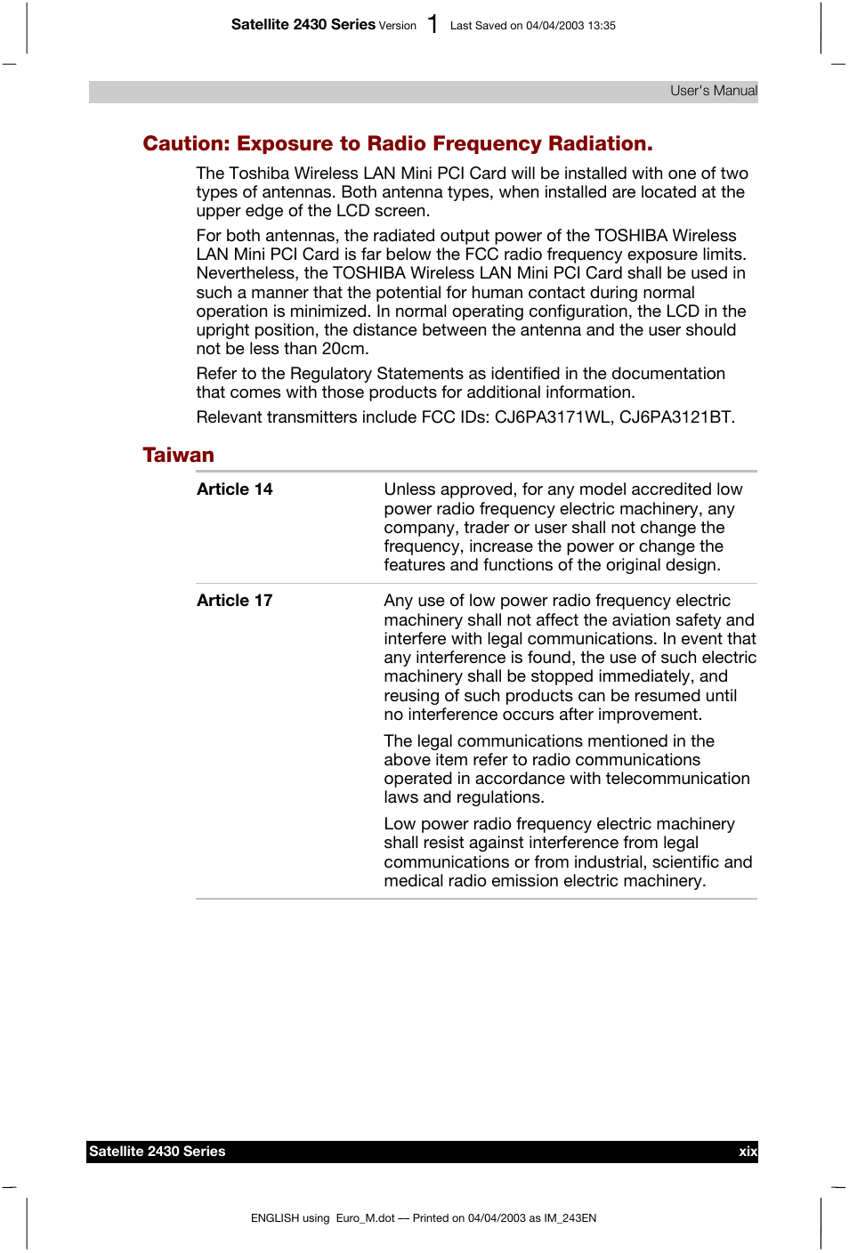 Caution: exposure to radio frequency radiation, Taiwan | Toshiba Satellite 2430-301 User Manual | Page 19 / 222