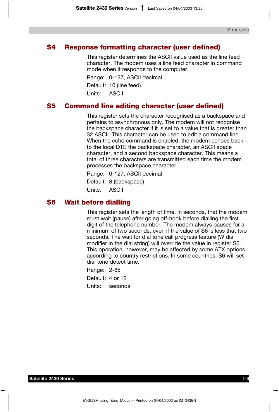 S4 response formatting character (user defined), S5 command line editing character (user defined), S6 wait before dialling | Toshiba Satellite 2430-301 User Manual | Page 190 / 222