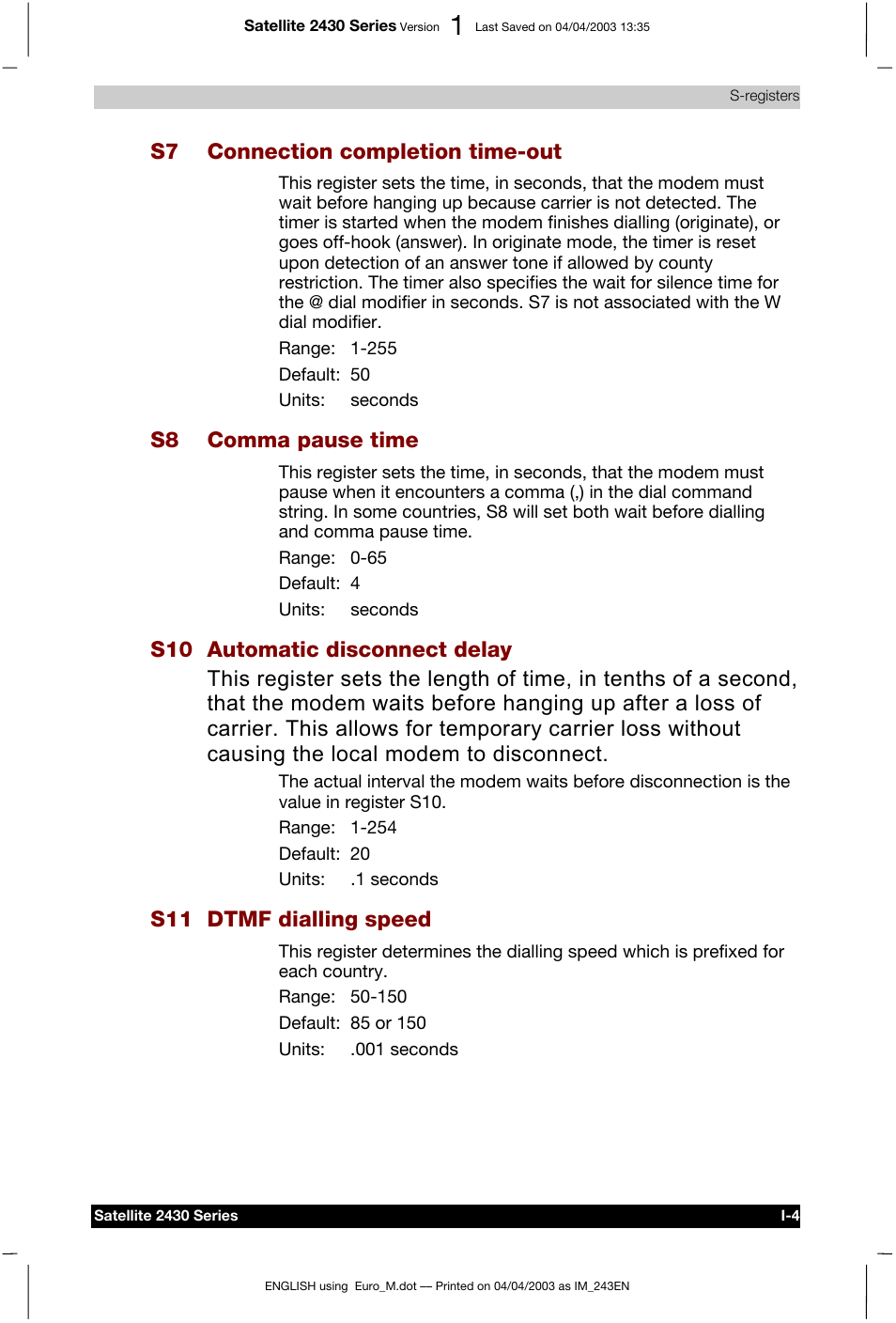 S7 connection completion time-out, S8 comma pause time, S11 dtmf dialling speed | Toshiba Satellite 2430-301 User Manual | Page 191 / 222