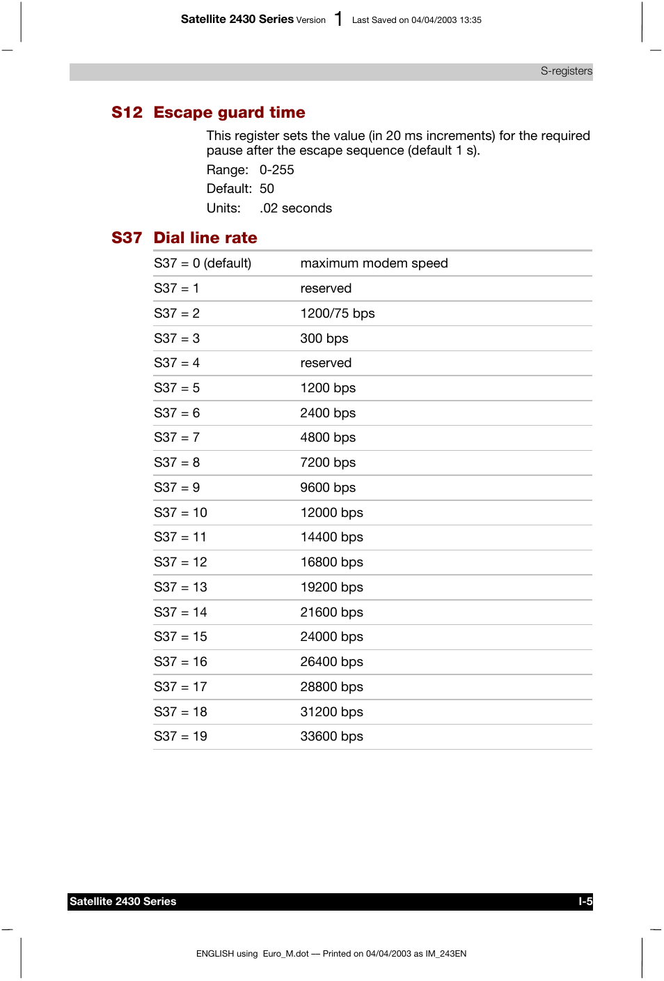 S12 escape guard time, S37 dial line rate | Toshiba Satellite 2430-301 User Manual | Page 192 / 222