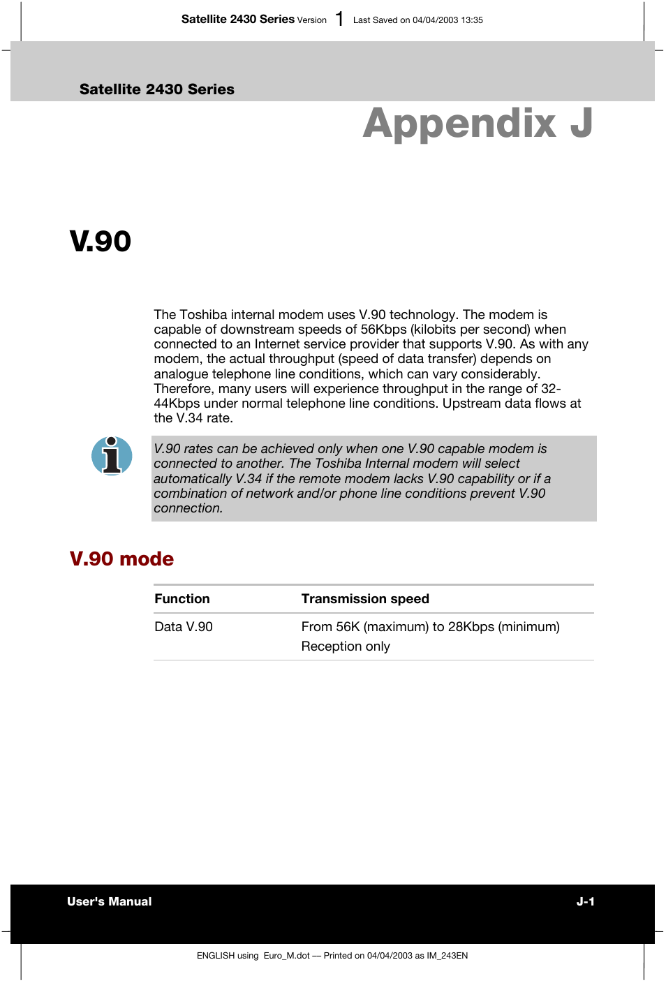 Appendix j v.90, Appendix j, V.90 | V.90 mode | Toshiba Satellite 2430-301 User Manual | Page 195 / 222