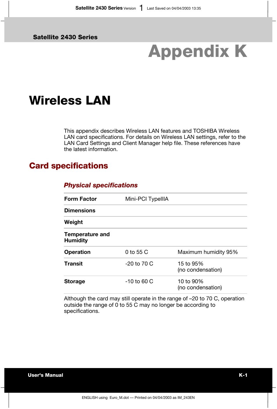 Appendix k wireless lan, Appendix k, Wireless lan | Card specifications | Toshiba Satellite 2430-301 User Manual | Page 198 / 222