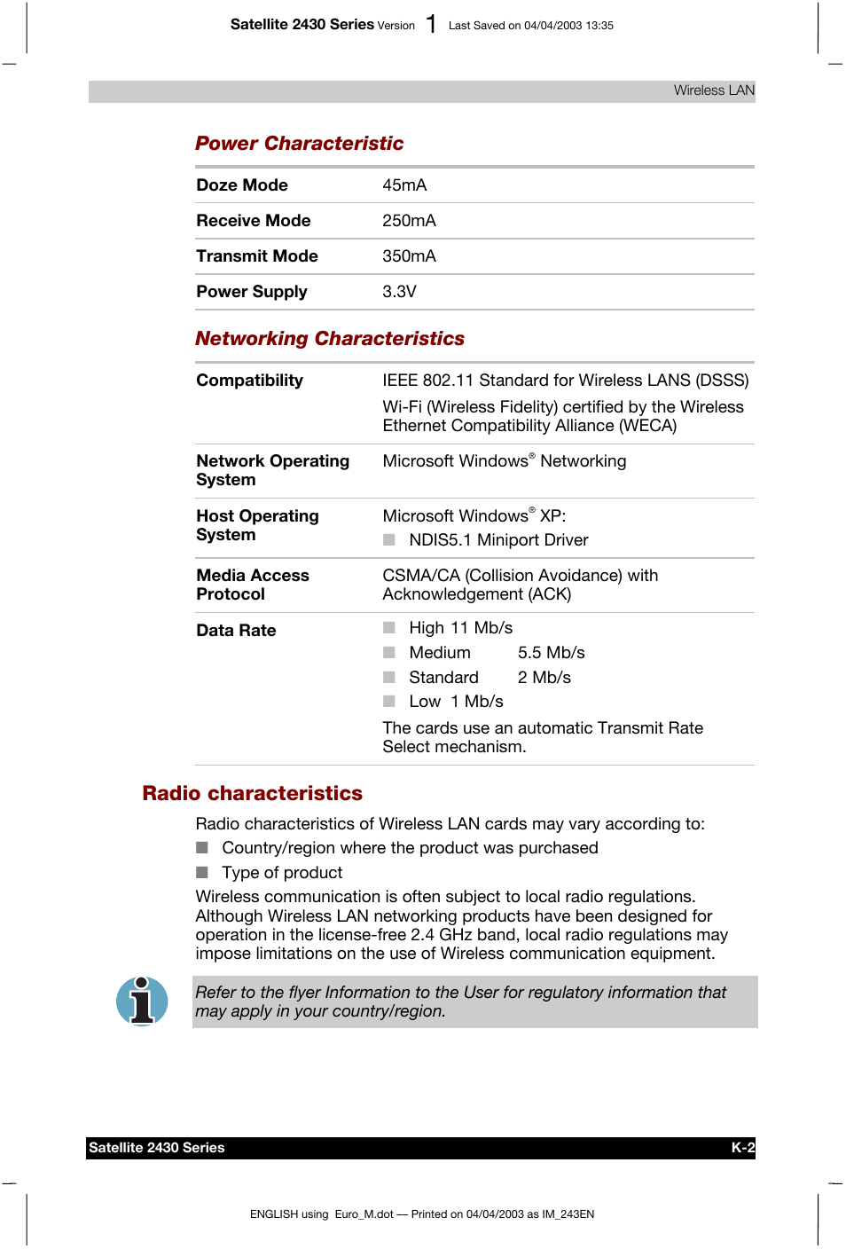 Radio characteristics, Power characteristic, Networking characteristics | Toshiba Satellite 2430-301 User Manual | Page 199 / 222