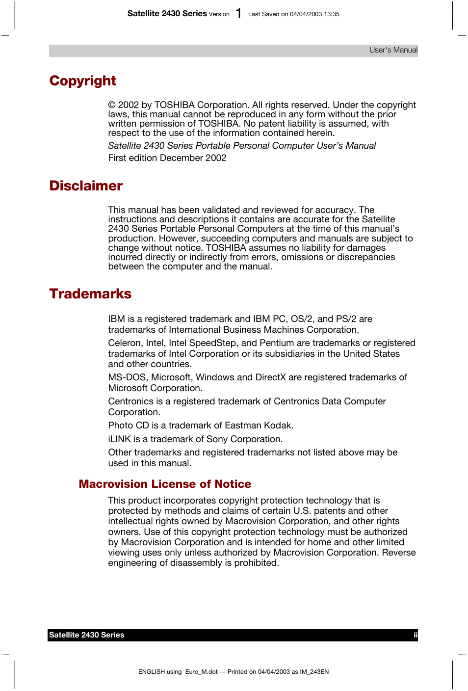 Copyright, Disclaimer, Trademarks | Macrovision license of notice | Toshiba Satellite 2430-301 User Manual | Page 2 / 222