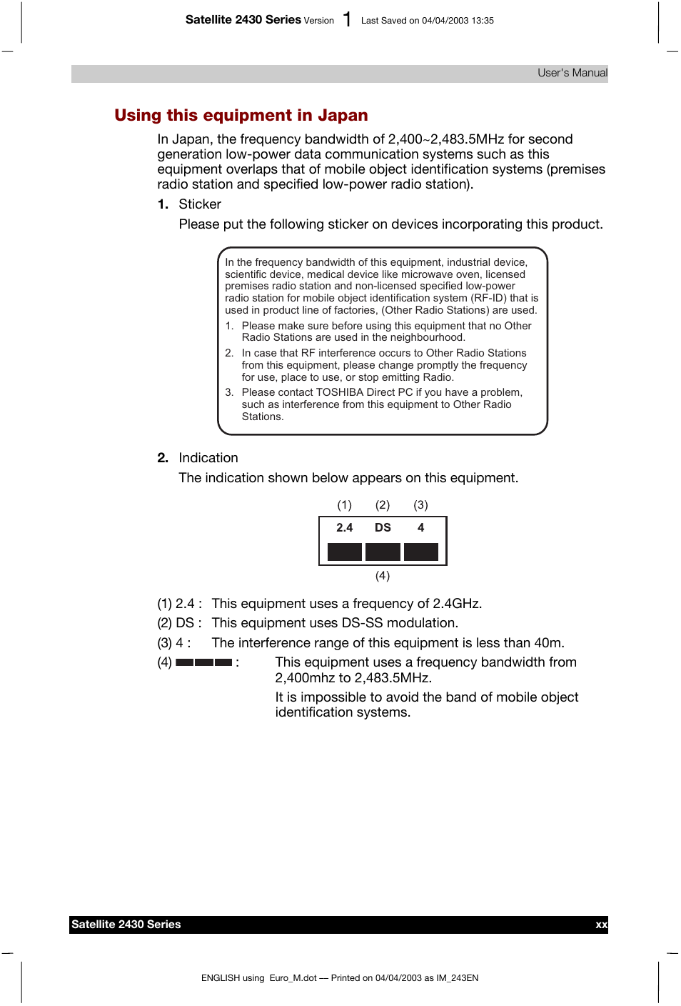 Using this equipment in japan | Toshiba Satellite 2430-301 User Manual | Page 20 / 222