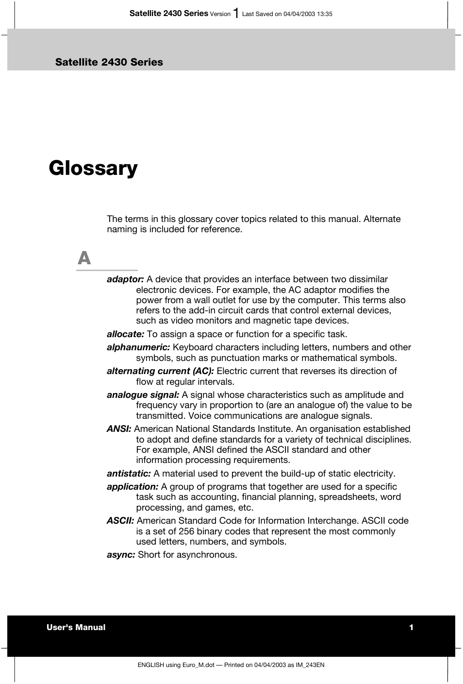 Glossary | Toshiba Satellite 2430-301 User Manual | Page 204 / 222