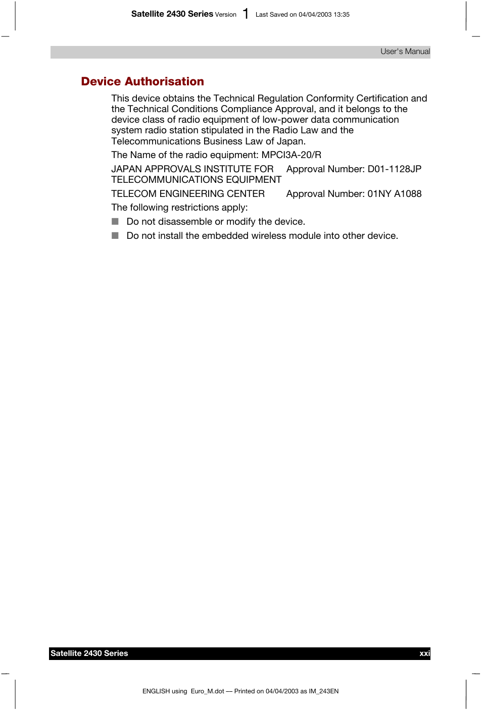 Device authorisation | Toshiba Satellite 2430-301 User Manual | Page 21 / 222