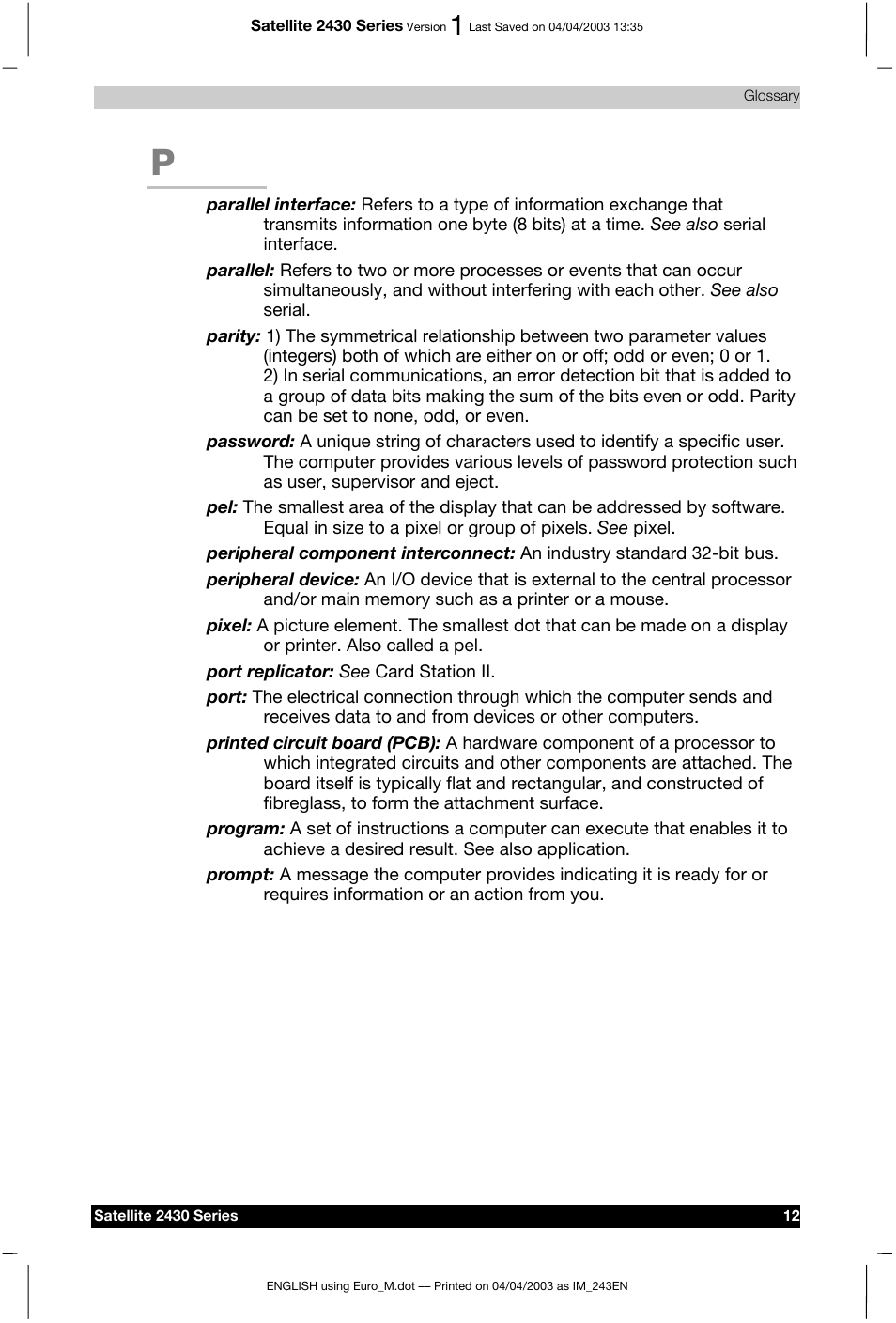 Toshiba Satellite 2430-301 User Manual | Page 215 / 222