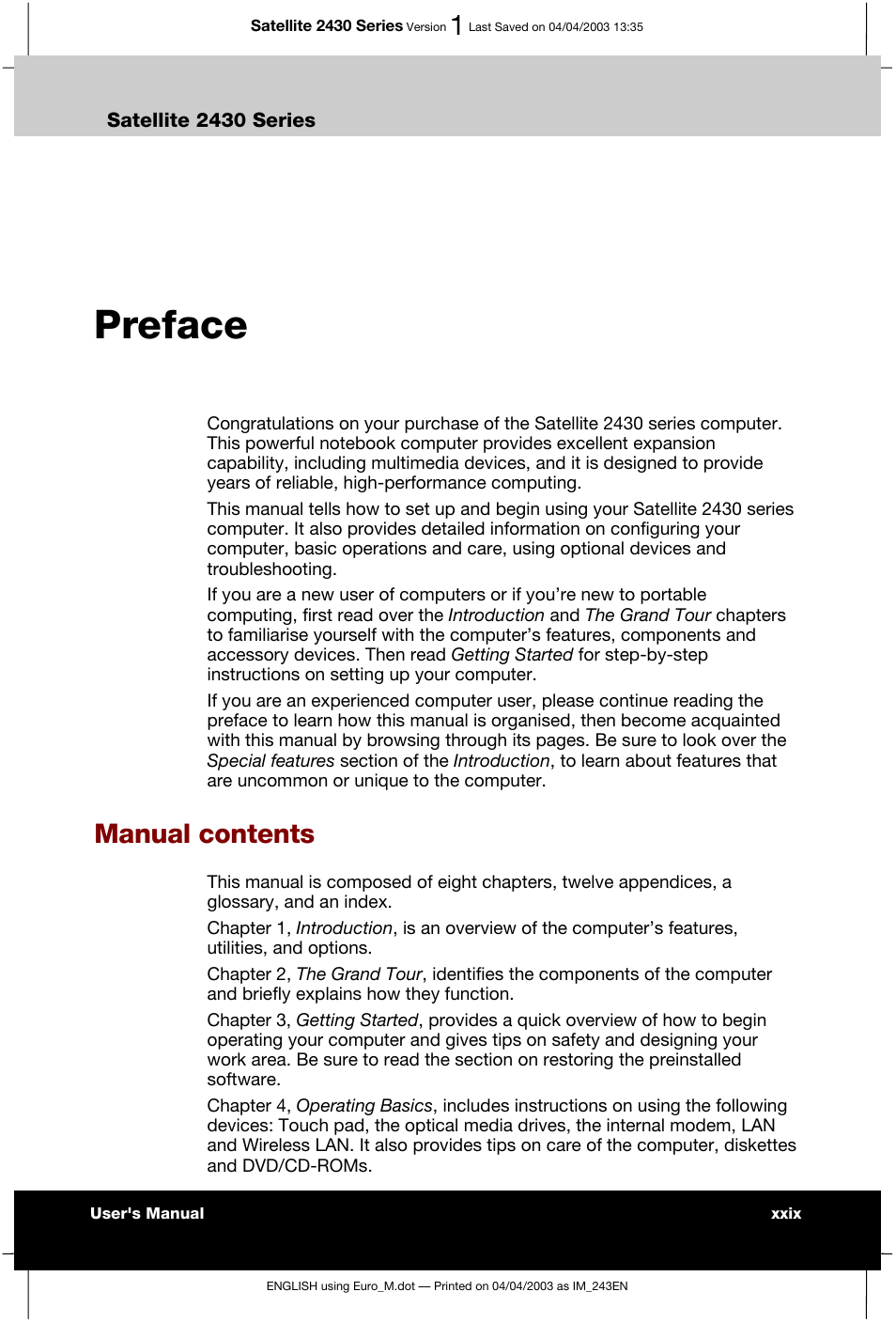 Preface, Manual contents, Xxix | Toshiba Satellite 2430-301 User Manual | Page 29 / 222