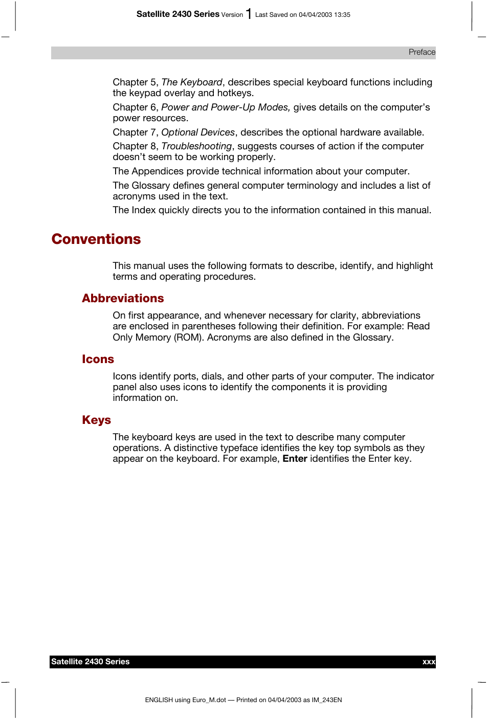 Conventions, Abbreviations, Icons | Keys | Toshiba Satellite 2430-301 User Manual | Page 30 / 222