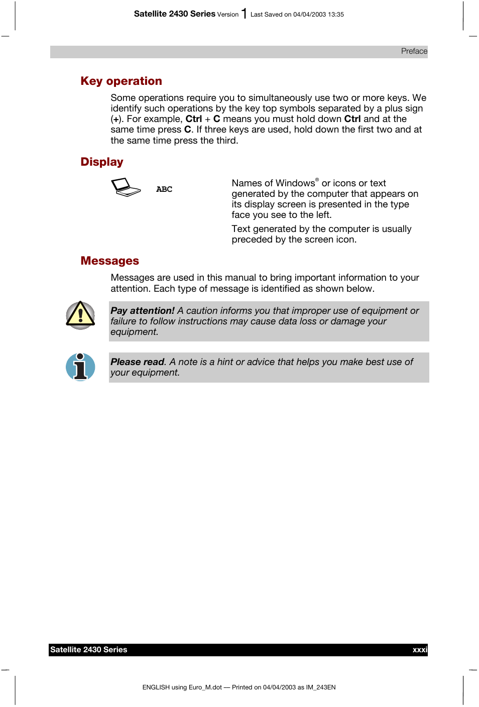 Xxxi, Key operation, Display | Messages | Toshiba Satellite 2430-301 User Manual | Page 31 / 222